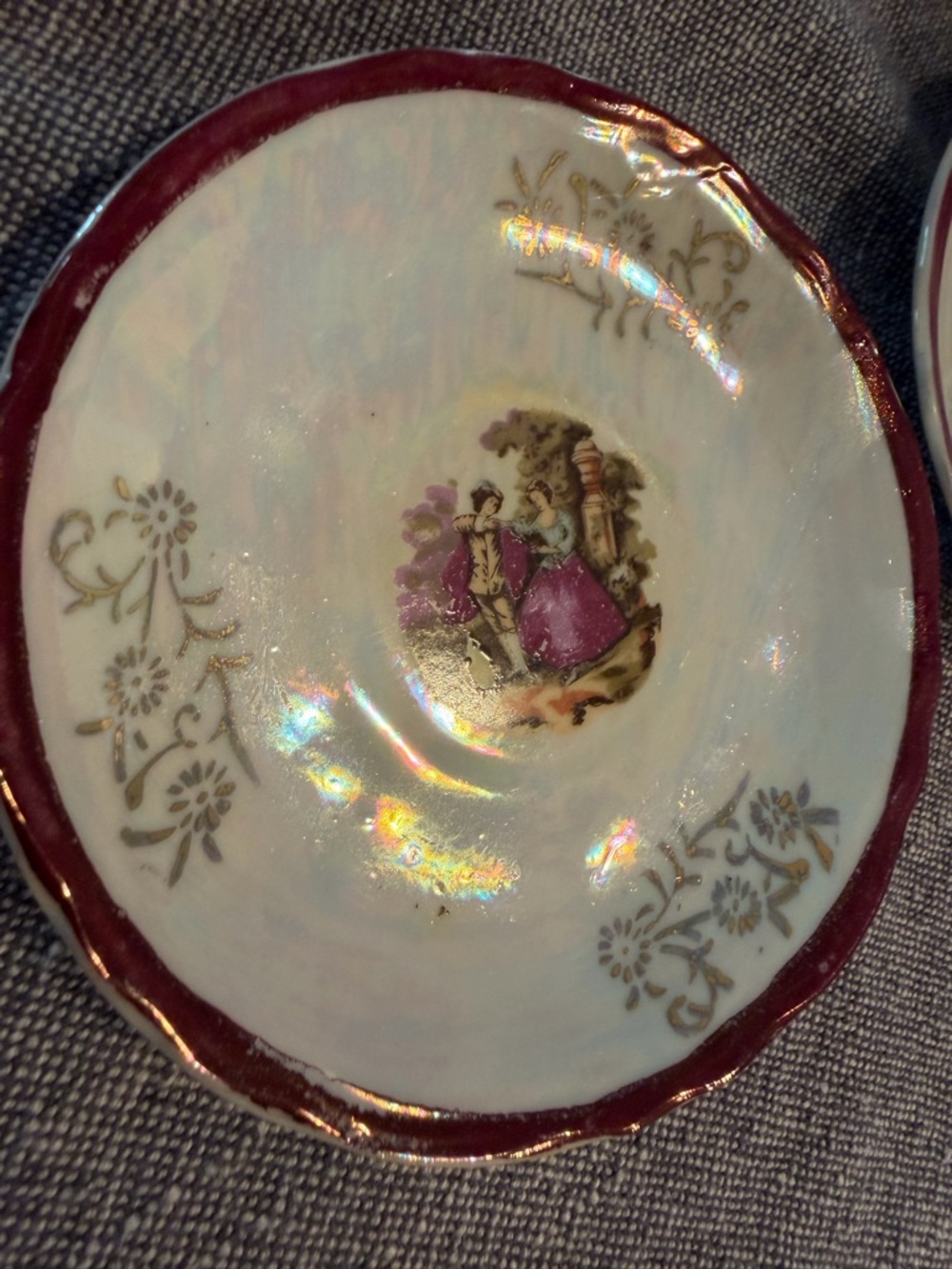 Vintage Jay’s Japan Lusterware Demitasse 4 Cup & Saucer Courting Scene Pink Rim